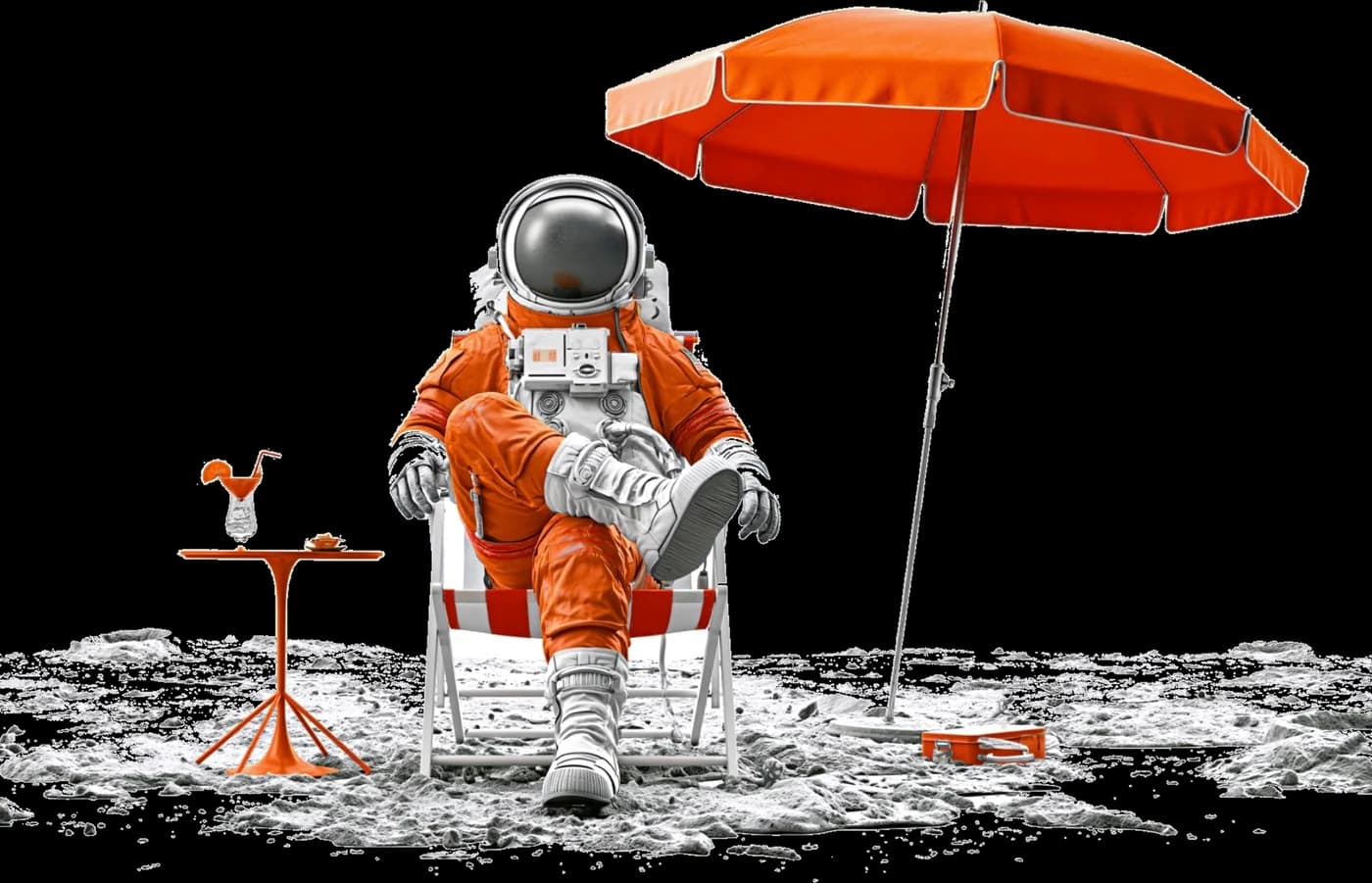 Orange Suit, off duty, in a deck chair under an orange parasol on gray regolith, with an orange side table.